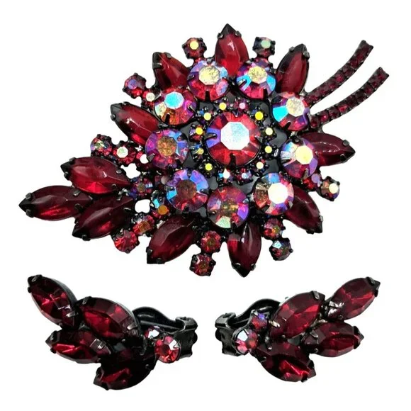 Juliana Brooch Earrings Jewelry Set Red Rhinestone Aurora Borealis Vintage Costu - Picture 1 of 12